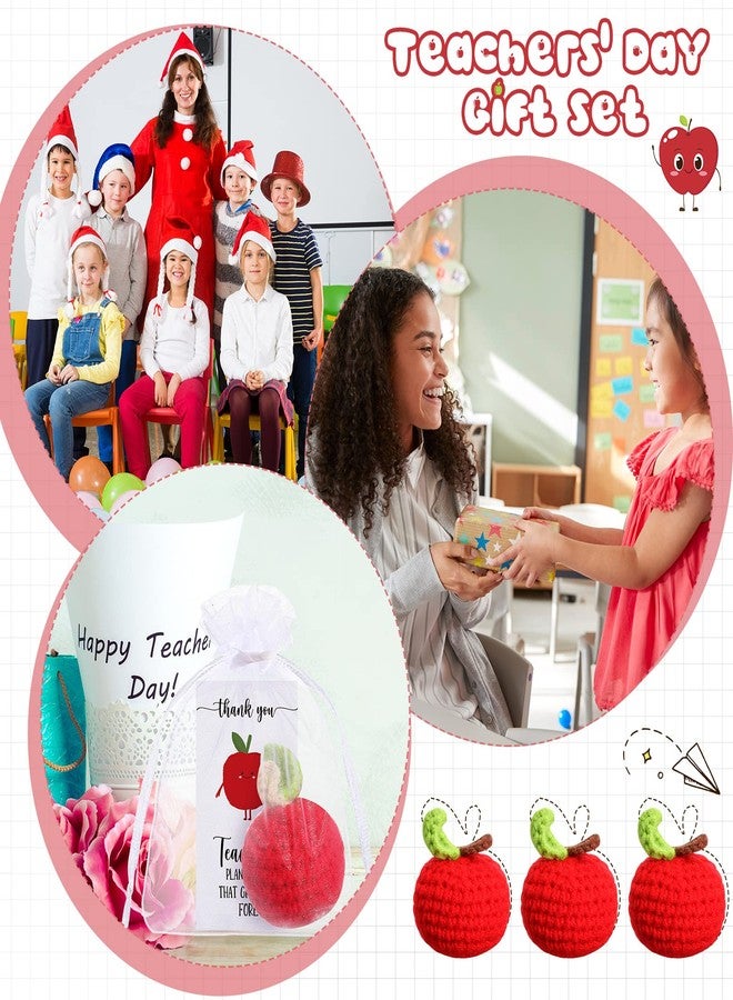 Sratte 20 Pack Teacher Appreciation Gifts Crochet Apple Thank You Teacher Card Set, Red Knitted Apple Appreciation Greeting Card and Drawstring Organza Bags for Teacher's Day Gift(Classic) - Image 5