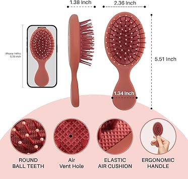 RHOS Mini Hair Brush for WomenMen and KidsTravel Size Hair Brush for PursePocketbackpackSmall Cushion Paddle Brush with Soft BristlesMini Detangler Brush for All Hair Types1 PackRed - Image 2