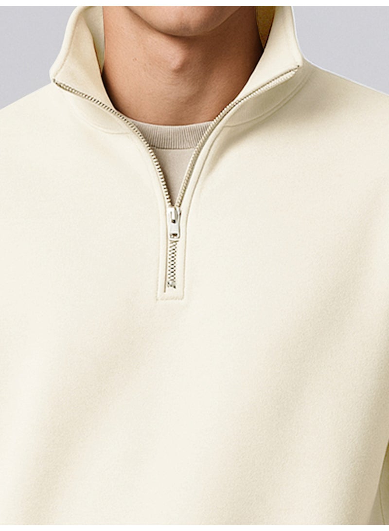 Maniac Mens Plain High Neck Full Sleeve Cream Cotton Fleece Sweatshirt - Image 4