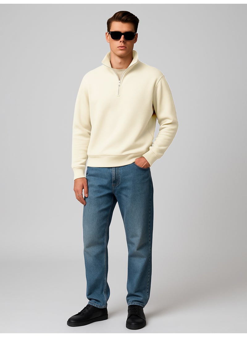 Maniac Mens Plain High Neck Full Sleeve Cream Cotton Fleece Sweatshirt - Image 5