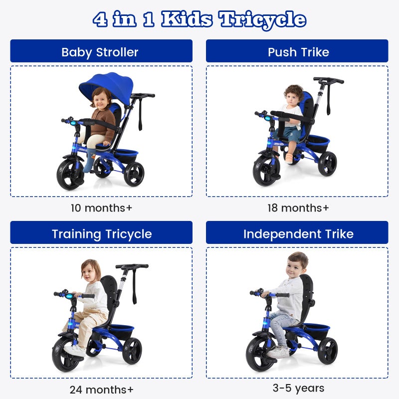 INFANS Kids Tricycle, 6 in 1 Stroll Trike with Adjustable Push Handle, Removable Canopy, Retractable Foot Plate, Lockable Pedal, Detachable Guardrail, Suitable for 10 Months to 5 Years (Blue) - Image 4