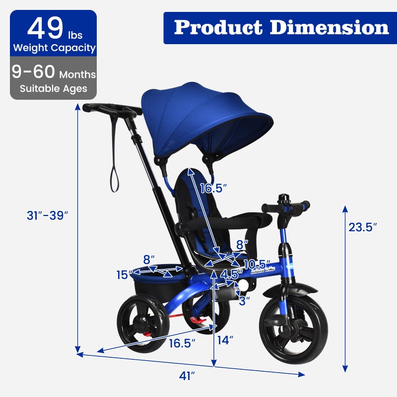 INFANS Kids Tricycle, 6 in 1 Stroll Trike with Adjustable Push Handle, Removable Canopy, Retractable Foot Plate, Lockable Pedal, Detachable Guardrail, Suitable for 10 Months to 5 Years (Blue) - Image 5