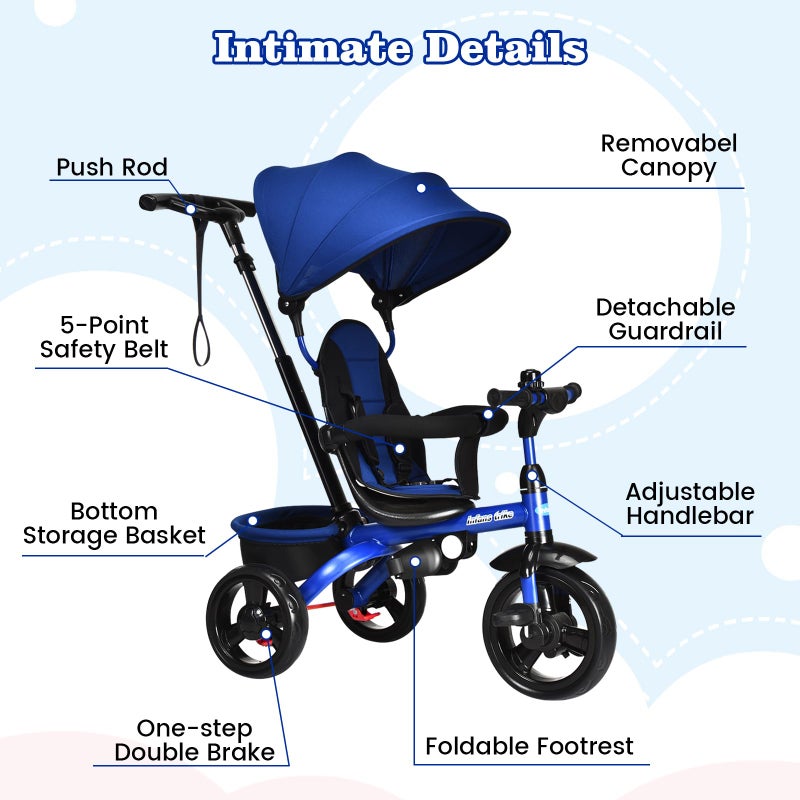 INFANS Kids Tricycle, 6 in 1 Stroll Trike with Adjustable Push Handle, Removable Canopy, Retractable Foot Plate, Lockable Pedal, Detachable Guardrail, Suitable for 10 Months to 5 Years (Blue) - Image 3