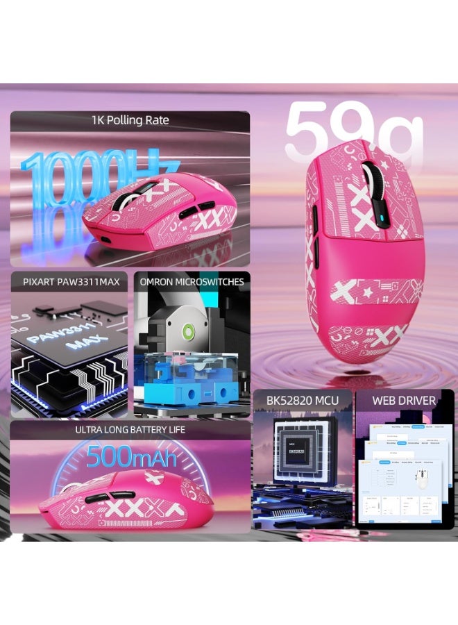 هجوم القرش ماوس ألعاب لاسلكي G3PRO مع قاعدة شحن مغناطيسية، مستشعر PixArt PAW3311، دقة تصل إلى 25000 نقطة في البوصة، بلوتوث/2.4 جيجاهرتز/سلكي، 100 مليون نقرة، 500 مللي أمبير/ساعة، 59 جرام، فأرة فائقة الخفة لأجهزة الكمبيوتر/إكس بوكس/ماك - لون أحمر توتي وشريط لاصق - Image 4