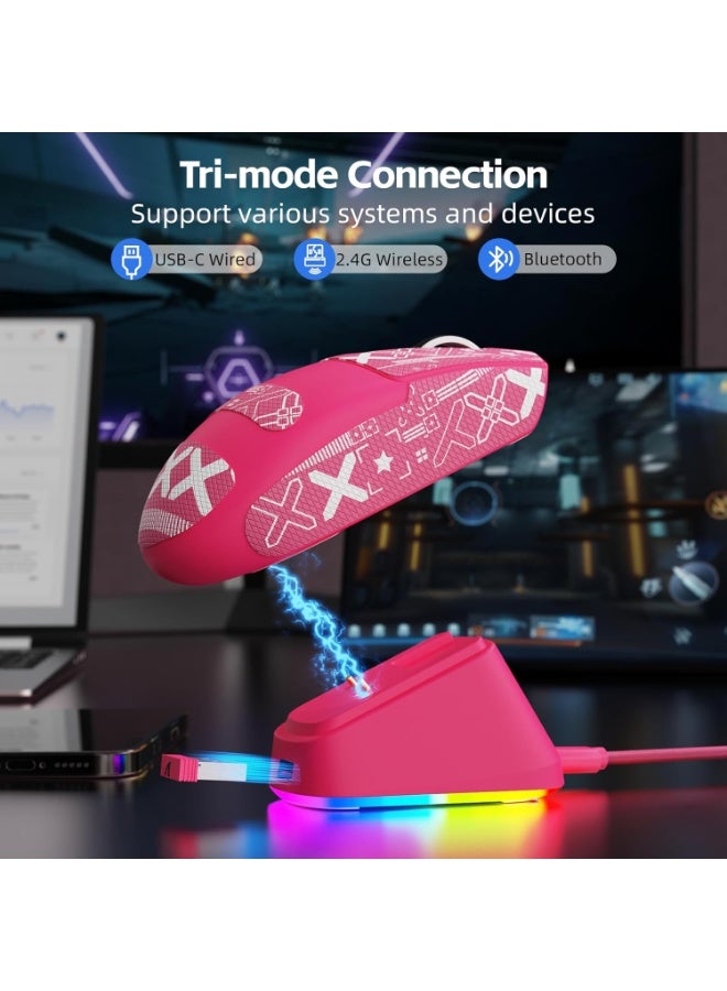 هجوم القرش ماوس ألعاب لاسلكي G3PRO مع قاعدة شحن مغناطيسية، مستشعر PixArt PAW3311، دقة تصل إلى 25000 نقطة في البوصة، بلوتوث/2.4 جيجاهرتز/سلكي، 100 مليون نقرة، 500 مللي أمبير/ساعة، 59 جرام، فأرة فائقة الخفة لأجهزة الكمبيوتر/إكس بوكس/ماك - لون أحمر توتي وشريط لاصق - Image 5