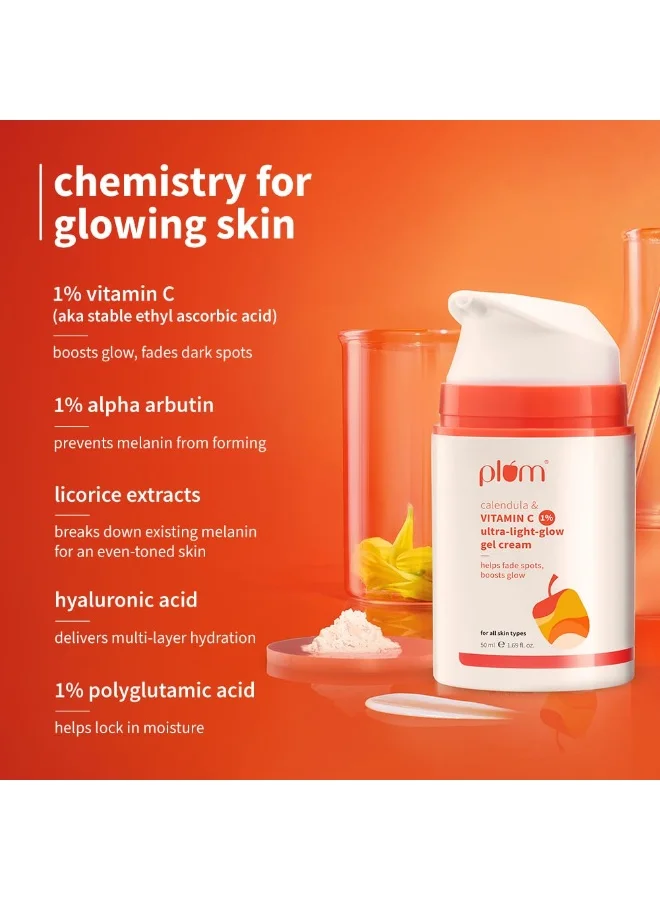 Plum Plum 1% Vitamin C Ultra-Light-Glow Gel Cream with Calendula | Fades Dark Spots, Boosts Glow, Deeply Hydrates | Lightweight, Non-Greasy Face Moisturizer | All Skin Types | for Women and Men | 50g