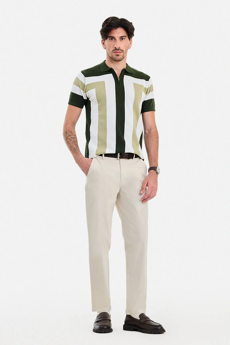 SNITCH Cream Solid Regular Fit Casual Trousers