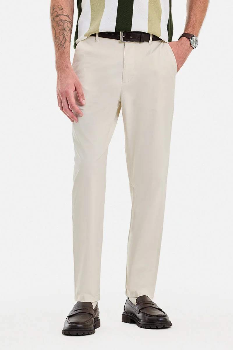 SNITCH Cream Solid Regular Fit Casual Trousers