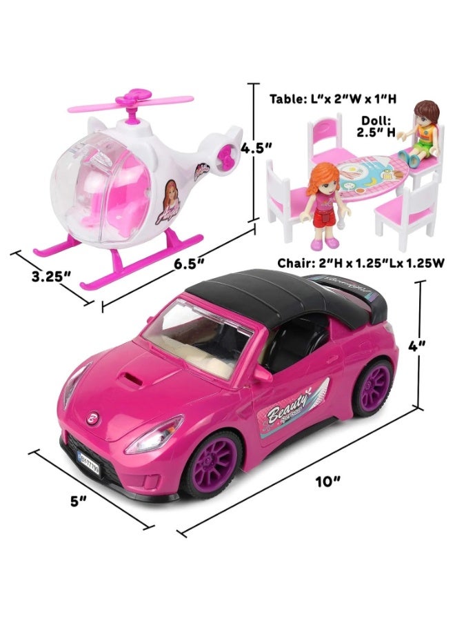 TOY GARDEN Doll Adventure Playset Fashion Sport Car Helicopter Camper Vehicle Set with Lights Sounds 2 Figurines Dining Table Accessories Best Gift for Girls - Image 4
