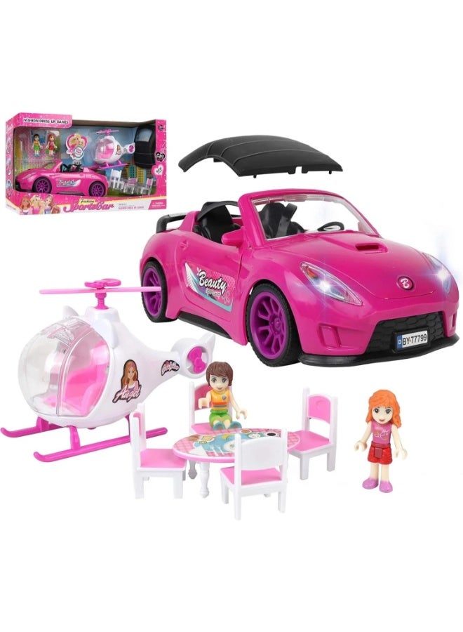 TOY GARDEN Doll Adventure Playset Fashion Sport Car Helicopter Camper Vehicle Set with Lights Sounds 2 Figurines Dining Table Accessories Best Gift for Girls - Image 2