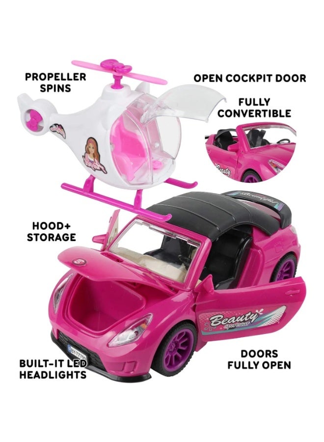 TOY GARDEN Doll Adventure Playset Fashion Sport Car Helicopter Camper Vehicle Set with Lights Sounds 2 Figurines Dining Table Accessories Best Gift for Girls - Image 3