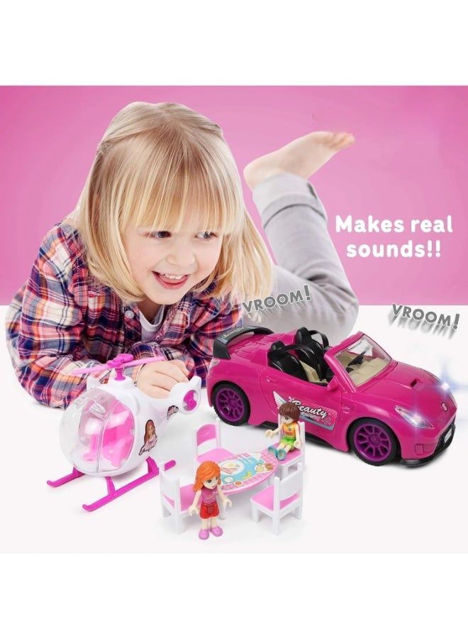 TOY GARDEN Doll Adventure Playset Fashion Sport Car Helicopter Camper Vehicle Set with Lights Sounds 2 Figurines Dining Table Accessories Best Gift for Girls - Image 5