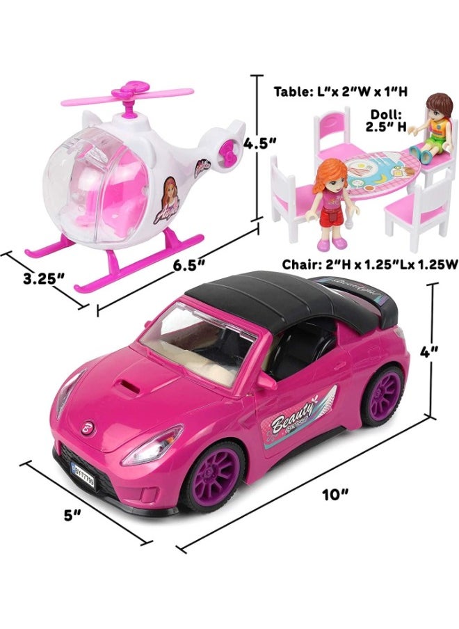 TOY GARDEN - Ultimate Doll Adventure Set – Fashion Sport Car & Helicopter Camper Playset with Lights, Sounds, 2 Figurines, Dining Table & Accessories | Perfect Gift for Girls - Image 1