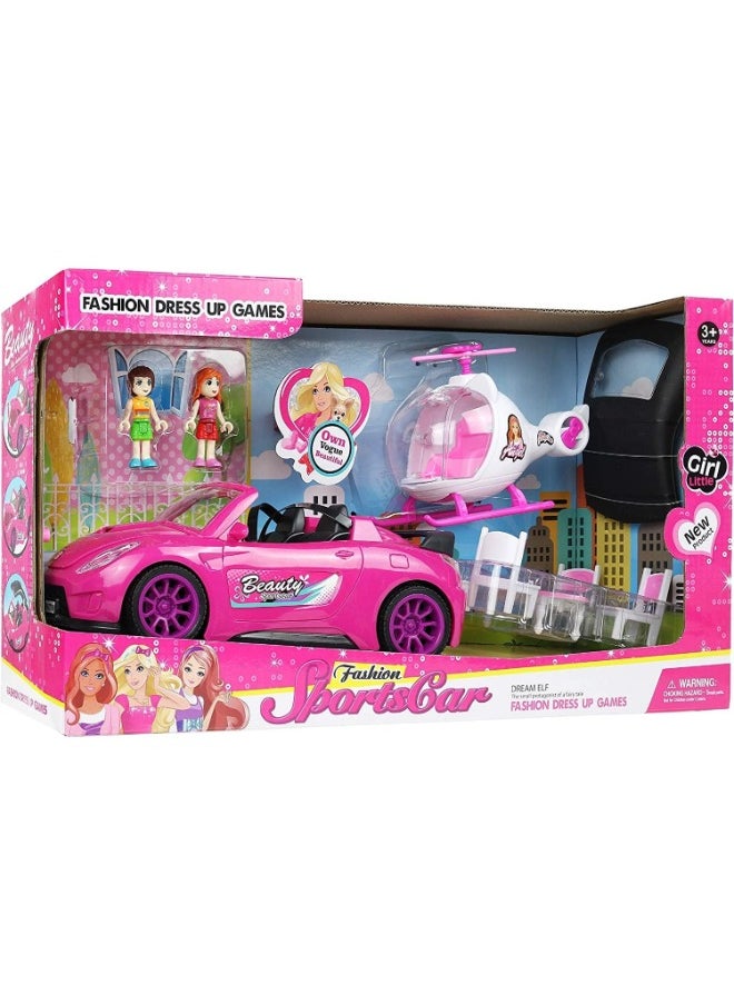 TOY GARDEN - Ultimate Doll Adventure Set – Fashion Sport Car & Helicopter Camper Playset with Lights, Sounds, 2 Figurines, Dining Table & Accessories | Perfect Gift for Girls - Image 1