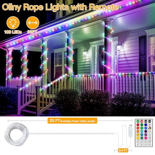 Ollny Rope Lights Outdoor Color Changing, 33FT 100 LED Waterproof Plug in Outdoor String Lights with Remote, 16 Colors Twinkle Christmas Lights for Outside Indoor Party Easter Holiday Decorations - Image 2