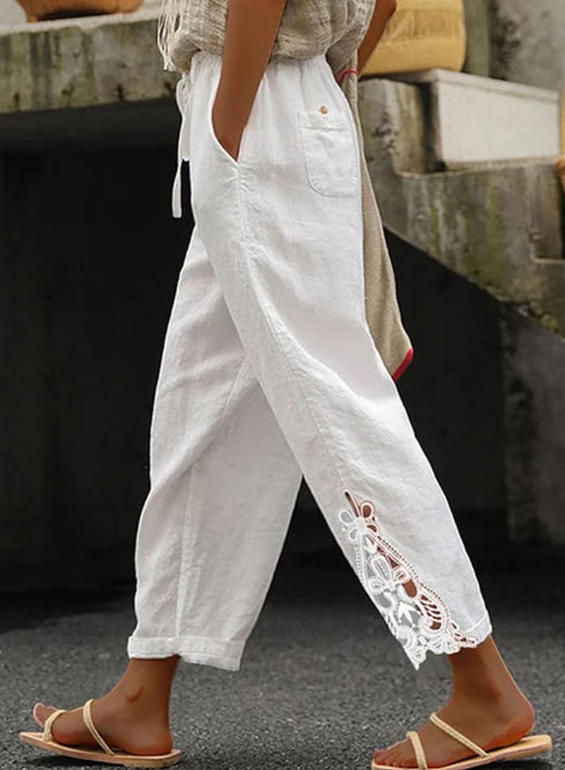 Acelitt Women Casual Linen Pants Lightweight Drawstring Elastic Waist Fall Fashion 2026 Beach Capri Pants Trousers White Large - Image 2