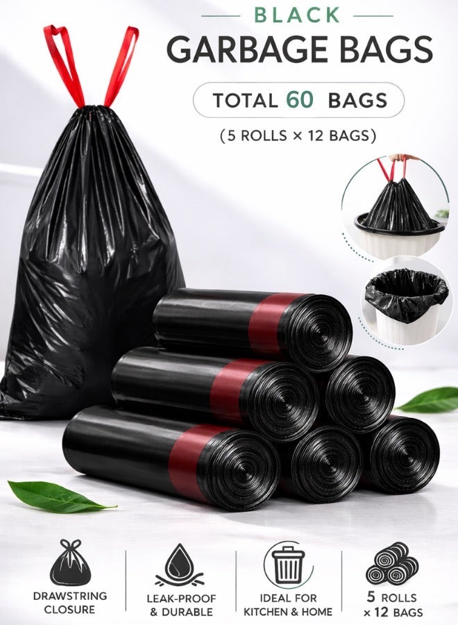 60 Pcs (5 Rolls*12Pcs). 5 Gallon small size ( 45x50 cm); Extra Thick & Strong Trash Bags for Kitchen, Home, Office, school. - Image 1