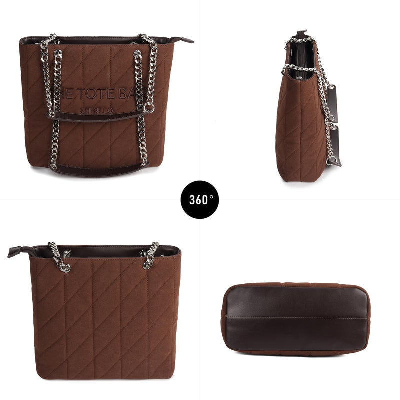 Chinllo Tote Bag for Women, Medium Suede Quilted Top Handle Chains Handbags Purse (Es.Coffee) - Image 5