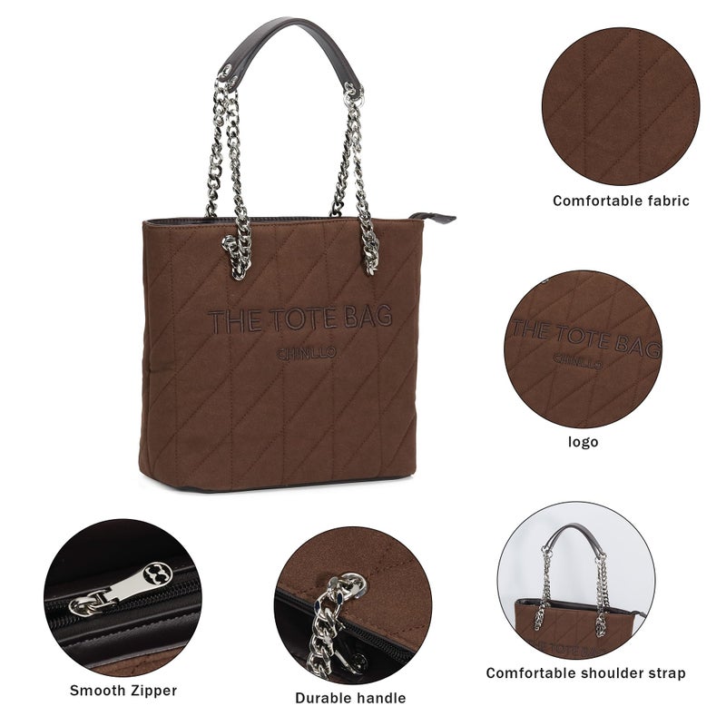 Chinllo Tote Bag for Women, Medium Suede Quilted Top Handle Chains Handbags Purse (Es.Coffee) - Image 4