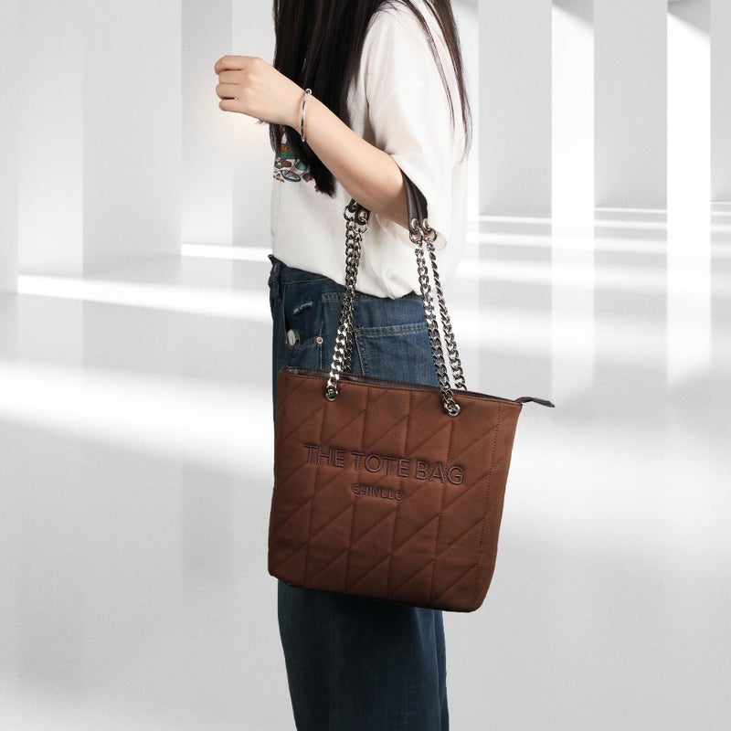 Chinllo Tote Bag for Women, Medium Suede Quilted Top Handle Chains Handbags Purse (Es.Coffee) - Image 2