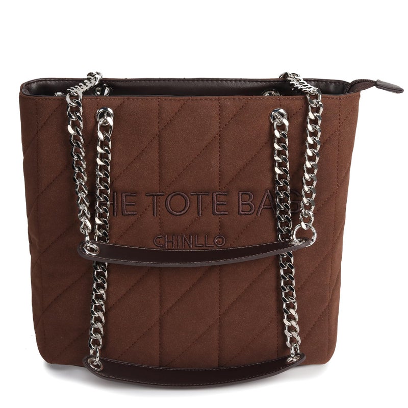 Chinllo Tote Bag for Women, Medium Suede Quilted Top Handle Chains Handbags Purse (Es.Coffee) - Image 1
