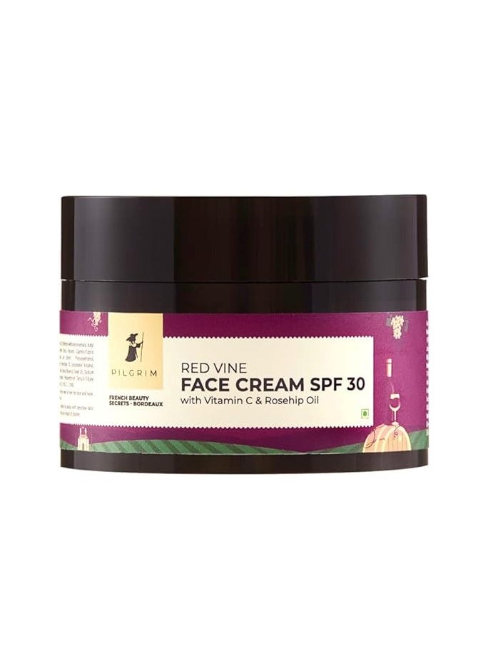 PILGRIM French Red Vine Face Cream with SPF 30 Sunscreen, Rosehip Oil & Vit C For Anti Ageing, Sun Protection PA+++, Daily Use, Dry, Oily, Combination Skin, Men & Women, 50g 