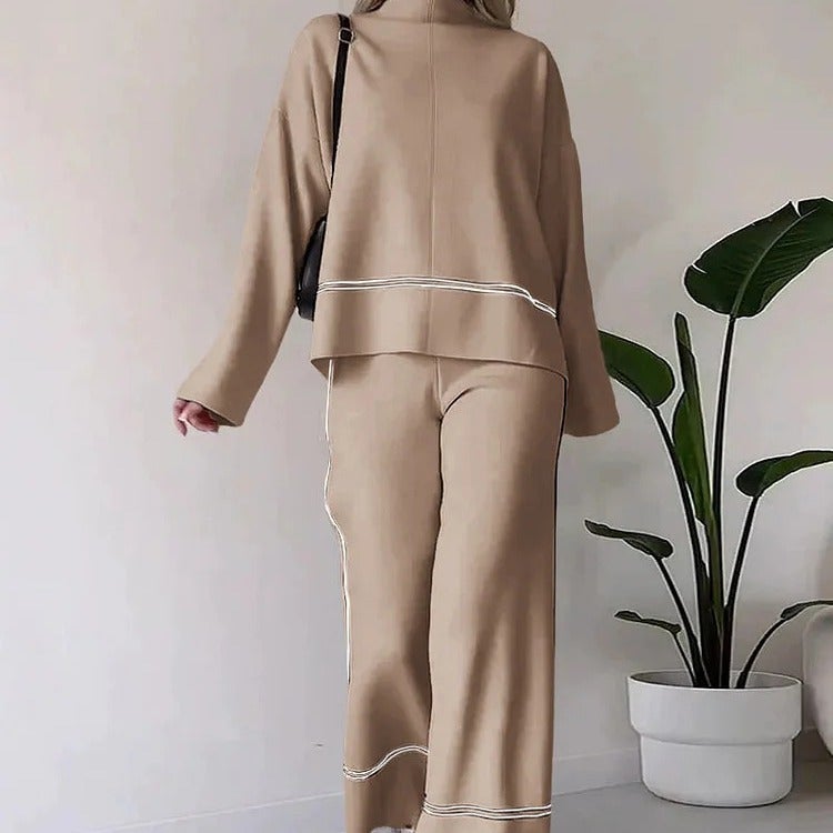 2023 Autumn Fashion Colorblock Knit Top Set Women Ginger yellow - Image 3