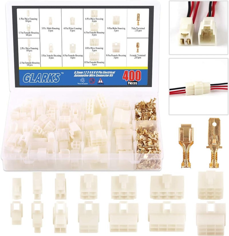 Glarks 400Pcs 6.3mm 1 2 3 4 6 8 9 Pin Electrical Automotive Wire Connector Male Female Socket Plug and Pin Header Crimp Wire Terminals Kit for Motorcycle, Bike, Car, Boats - Image 1