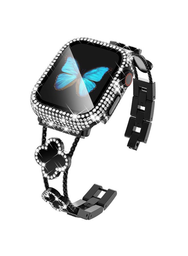 Kades Four-Leaf Clover Band for Apple Watch Band 40mm with Full Diamond Protective Case Built-in Tempered Glass Screen Protector for Apple Watch Series SE 6 5 4 for Women(40mm, Black/Black) - Image 1