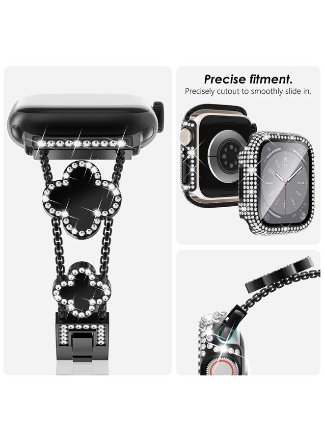Kades Four-Leaf Clover Band for Apple Watch Band 40mm with Full Diamond Protective Case Built-in Tempered Glass Screen Protector for Apple Watch Series SE 6 5 4 for Women(40mm, Black/Black) - Image 2