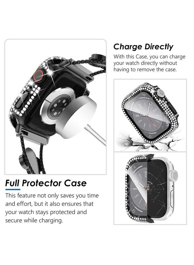 Kades Four-Leaf Clover Band for Apple Watch Band 40mm with Full Diamond Protective Case Built-in Tempered Glass Screen Protector for Apple Watch Series SE 6 5 4 for Women(40mm, Black/Black) - Image 4