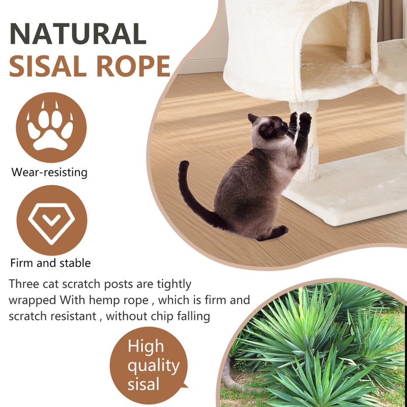 FDW | 36" Cat Tree Tower | Beige | Multi-Level Indoor Activity Center with Sisal Scratching Posts, Condos, Plush Perches, Hanging Cat Toys | Sturdy, Easy to Assemble | for Kittens & Adult Cats - Image 3