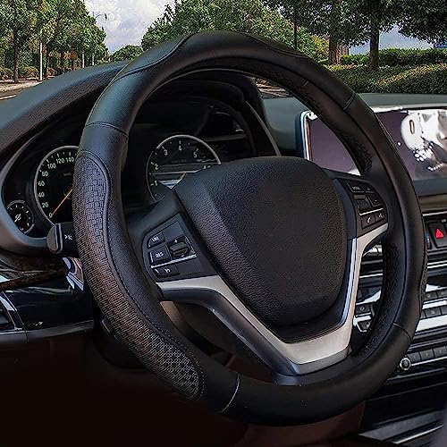 Valleycomfy Leather Steering Wheel Covers Universal 15.75 inch -Breathable, Anti Slip & Odor Free (Black with Black Lines,L(15" 1/2-16")) - Image 1