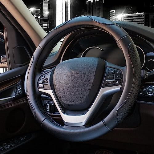 Valleycomfy Leather Steering Wheel Covers Universal 15.75 inch -Breathable, Anti Slip & Odor Free (Black with Black Lines,L(15" 1/2-16")) - Image 2