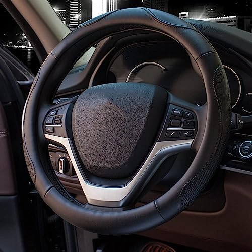 Valleycomfy Leather Steering Wheel Covers Universal 15.75 inch -Breathable, Anti Slip & Odor Free (Black with Black Lines,L(15" 1/2-16")) - Image 4