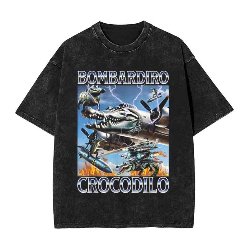 Bombardiro Crocodile Italian Brainrot Meme Washed T-Shirt Hu - Image 2