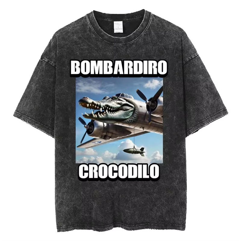 Bombardiro Crocodile Italian Brainrot Meme Washed T-Shirt Hu - Image 5