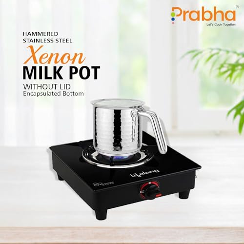 Prabha Stainless Steel Milk Pot with Handle 1L 2Pcs | Hammered Milk Boiler Glass Lid Steam Vent | Tea Container Water Boiling | Coffee/Milk Warmer, Even & Faster Heating | Induction & Gas Stove - Image 3