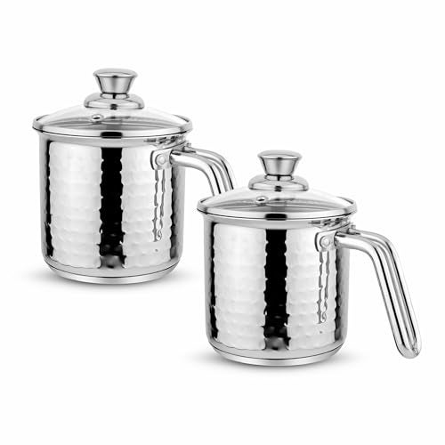 Prabha Stainless Steel Milk Pot with Handle 1L 2Pcs | Hammered Milk Boiler Glass Lid Steam Vent | Tea Container Water Boiling | Coffee/Milk Warmer, Even & Faster Heating | Induction & Gas Stove - Image 1