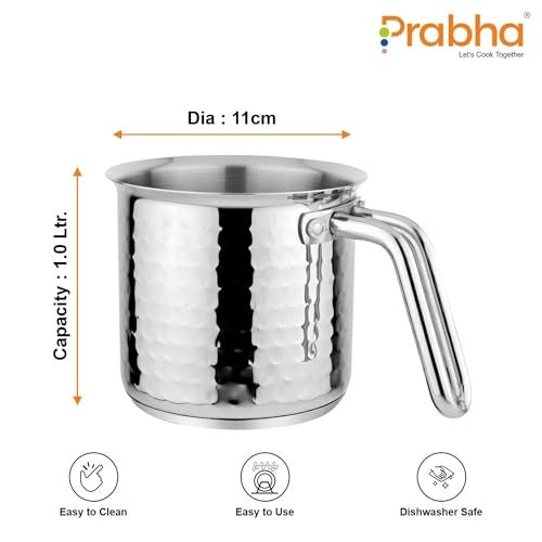 Prabha Stainless Steel Milk Pot with Handle 1L 2Pcs | Hammered Milk Boiler Glass Lid Steam Vent | Tea Container Water Boiling | Coffee/Milk Warmer, Even & Faster Heating | Induction & Gas Stove - Image 2