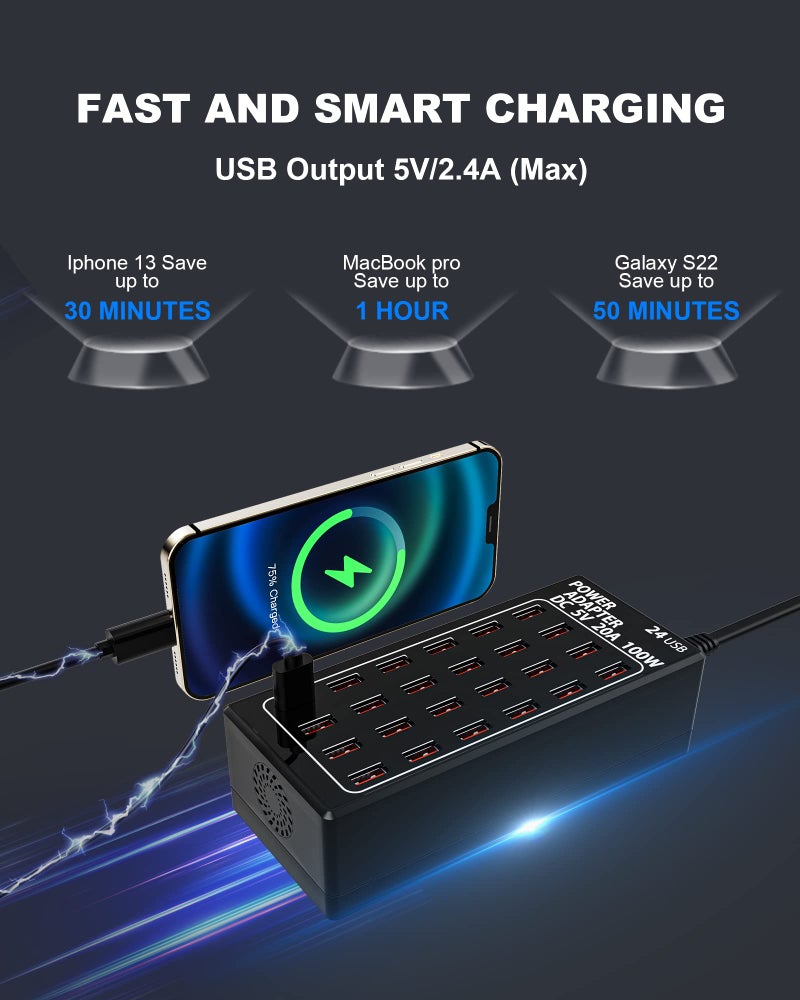 RUANSZZ 24-Port 100 watt (20 A) USB Charging Station, Travel Desktop USB Rapid Charger, Multi Ports Fast Charger Station Organizer Compatible with Smartphones, Tables, and More Devices - Image 3