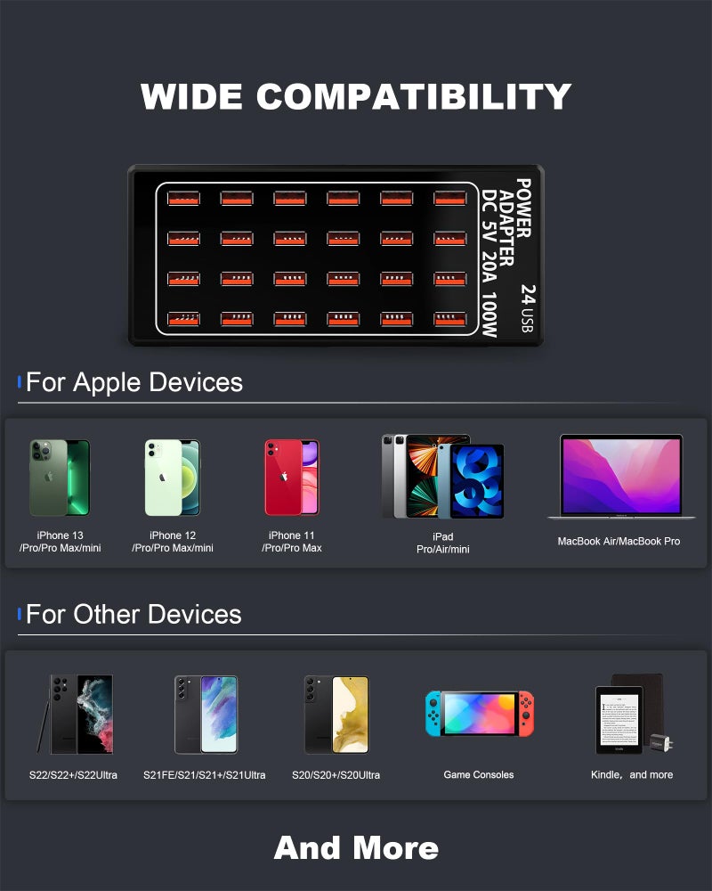 RUANSZZ 24-Port 100 watt (20 A) USB Charging Station, Travel Desktop USB Rapid Charger, Multi Ports Fast Charger Station Organizer Compatible with Smartphones, Tables, and More Devices - Image 5
