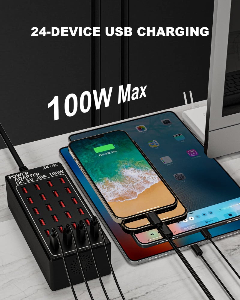 RUANSZZ 24-Port 100 watt (20 A) USB Charging Station, Travel Desktop USB Rapid Charger, Multi Ports Fast Charger Station Organizer Compatible with Smartphones, Tables, and More Devices - Image 2