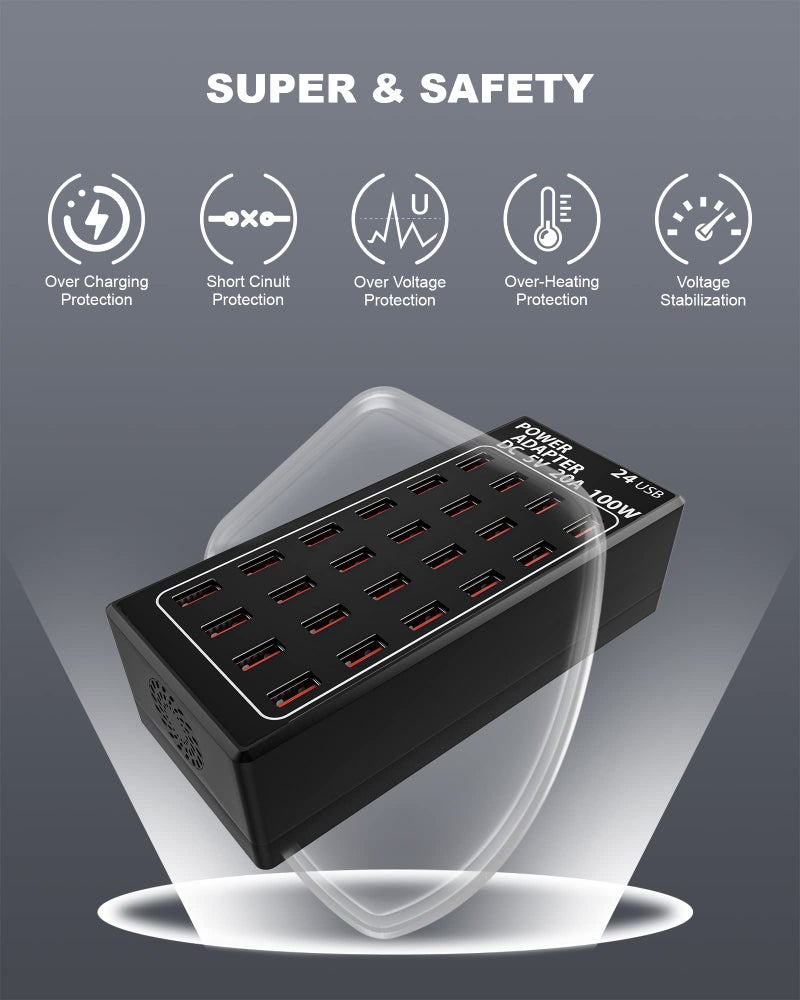 RUANSZZ 24-Port 100 watt (20 A) USB Charging Station, Travel Desktop USB Rapid Charger, Multi Ports Fast Charger Station Organizer Compatible with Smartphones, Tables, and More Devices - Image 4