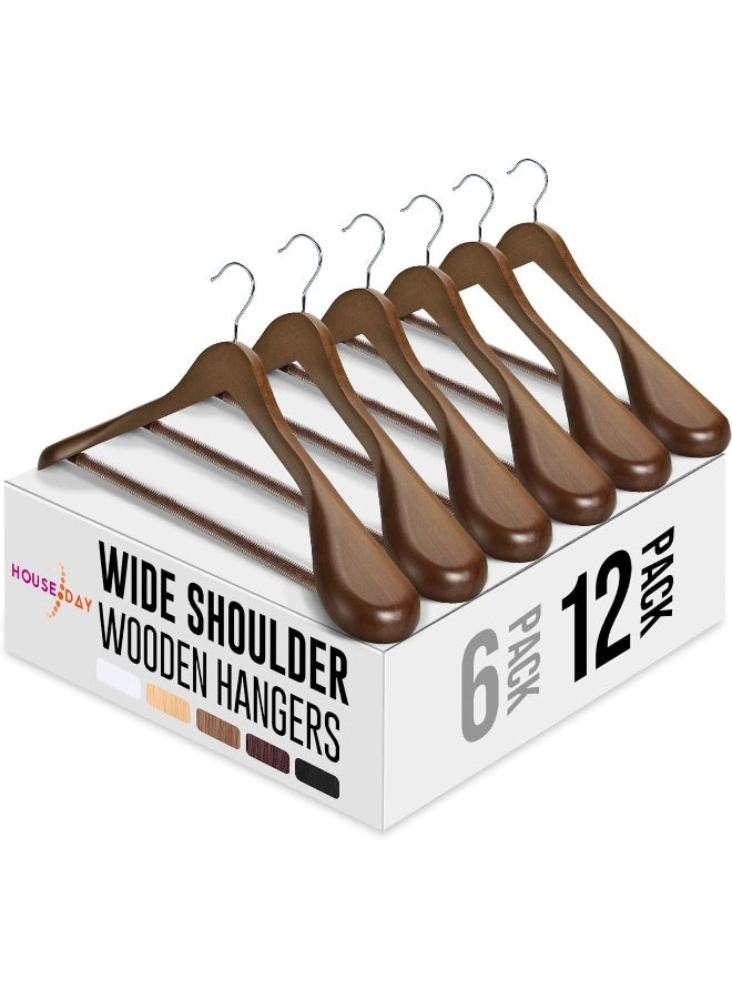 HOUSE DAY Wide Shoulder Wooden Hangers 12 Pack, Wood Suit Hangers for Men with Non Slip Pants Bar, Smooth Finish Solid Wood Coat Hangers for Jacket, Pants, Dress, Heavy Clothes Hangers (Walnut) - Image 1