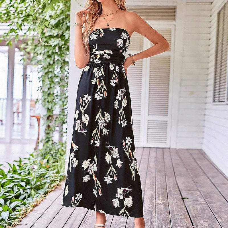 Strapless Floral Print Long Dress with High Waist and Slimming Fit - Image 1