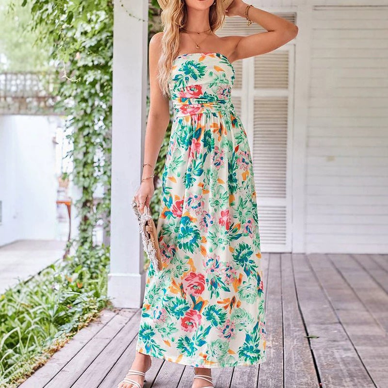 Strapless Floral Print Long Dress with High Waist and Slimming Fit - Image 4