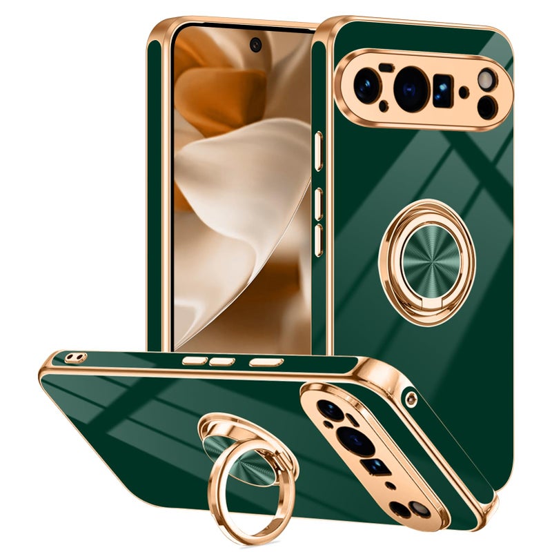 Tnarru حافظة Tnarru مصممة لجهاز Google Pixel 10 Pro XL مع حامل حلقة، تدعم تركيب مغناطيسي للسيارة وحامل إصبع دوار، غلاف TPU ناعم بحواف مطلية، حافظة هاتف رفيعة لجهاز Pixel 10 Pro XL 5G باللون الأخضر - Image 1