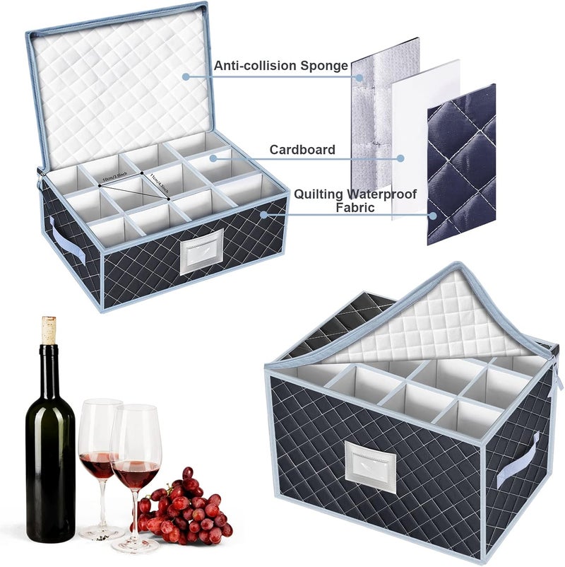 VERONLY China Dinnerware Storage Containers Set DishMugStemware Storage Cases  Quilted Box Bins Stackable with DividerhandlesClear Window for CupsPlatesWine Glasses Moving Set of 6 Grey - Image 3