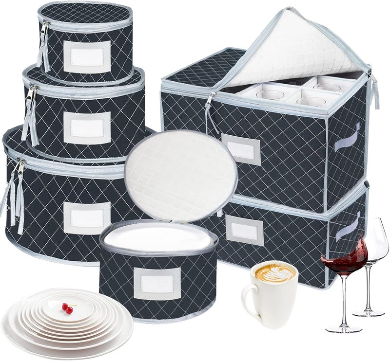 VERONLY China Dinnerware Storage Containers Set DishMugStemware Storage Cases  Quilted Box Bins Stackable with DividerhandlesClear Window for CupsPlatesWine Glasses Moving Set of 6 Grey - Image 1